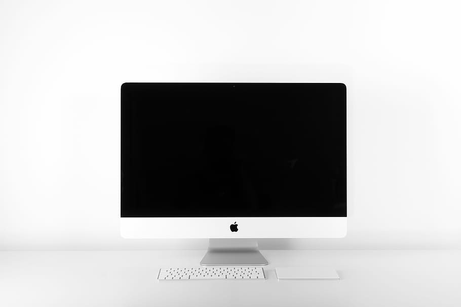silver iMac, turned off silver iMac, desktop, monitor, white