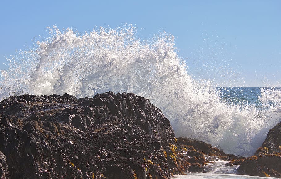 Rock, Surf, Spray, Coast, sky, steinig, sea, wave, nature, water HD wallpaper
