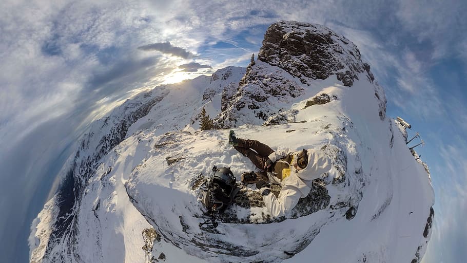 aerial photo of person sitting on alps, adventure, altitude HD wallpaper