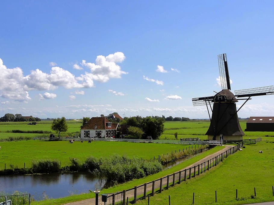 windmill and near house on grass lawn under blue and white cloudy sky HD wallpaper