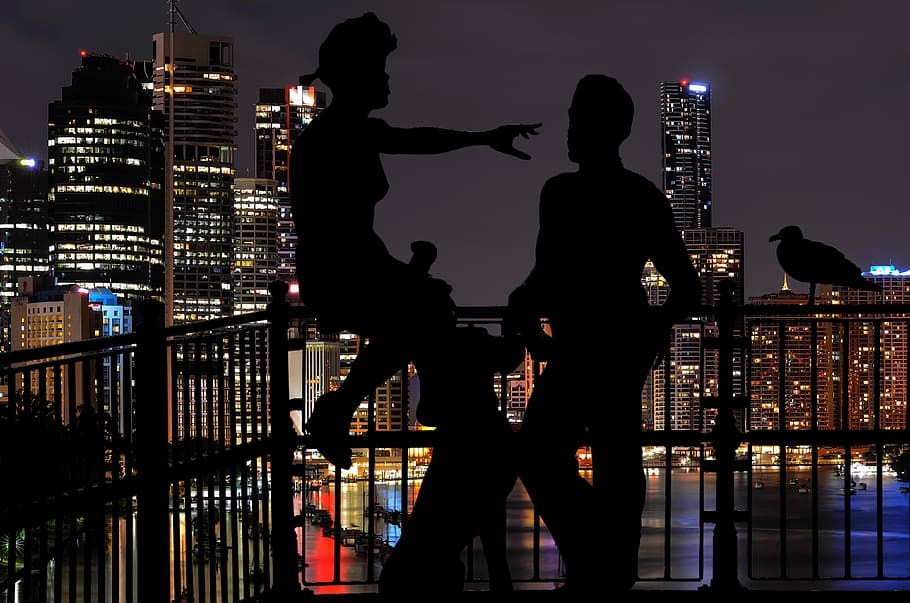 two persons, one dog, and one bird at the balcony during night HD wallpaper