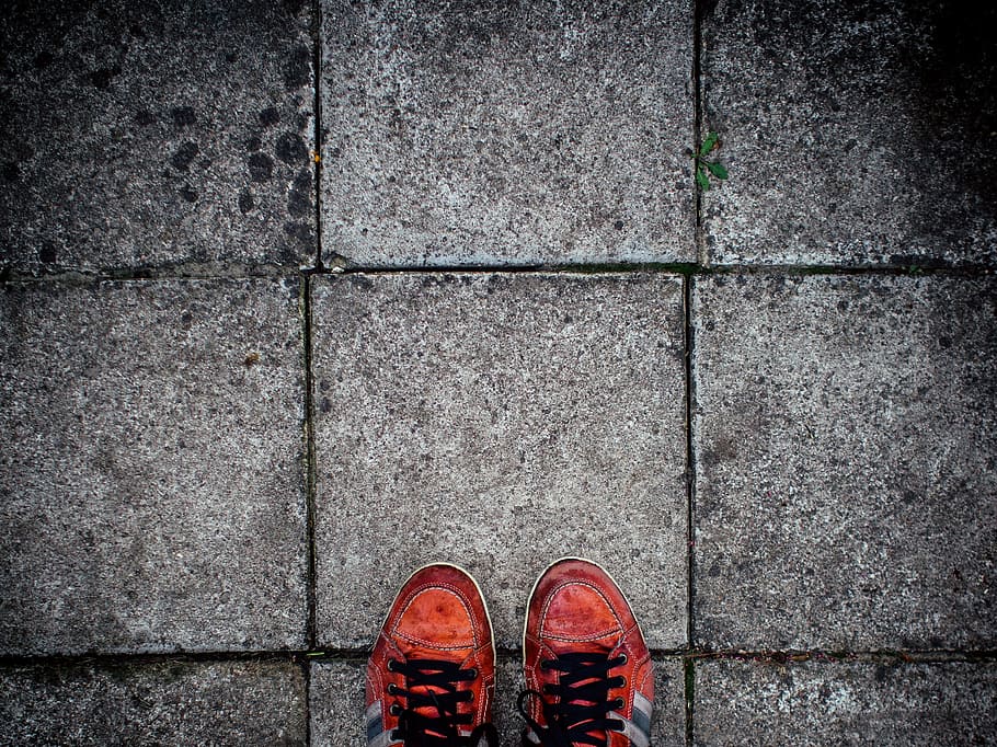pavement, ground, red, shoes, low section, standing, one person HD wallpaper
