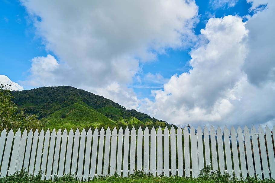 landscape, nature, mountain, tree, sunny, clouds, peace, fence HD wallpaper
