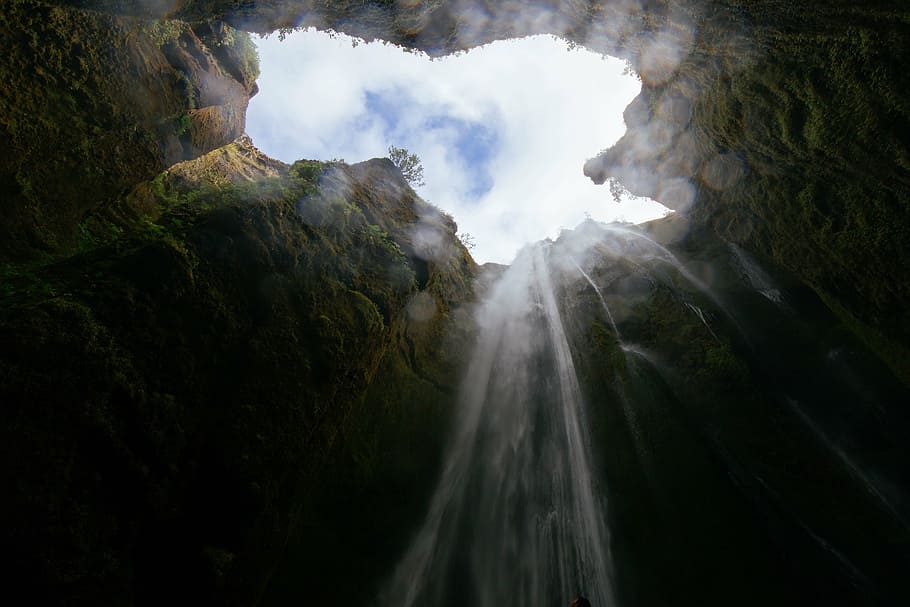 water falls, cave, pit, waterfall, inside, deep down, looking up HD wallpaper