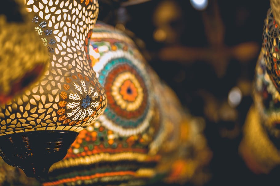 selective focus photography of white, red, and black lamp during nighttime, multicolored pendant lamps HD wallpaper