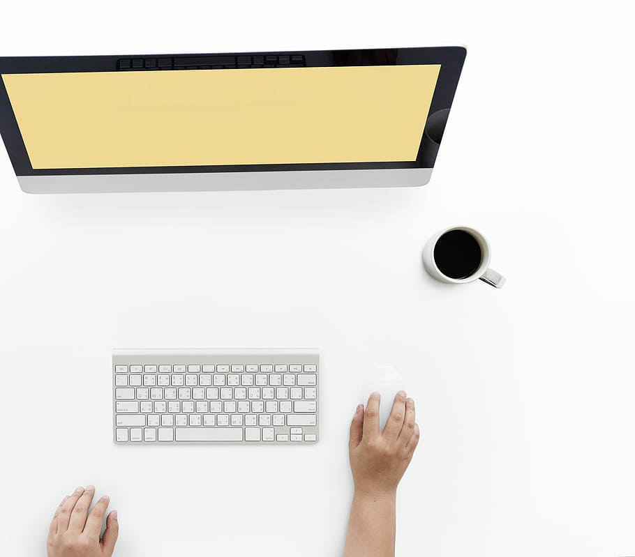 magic keyboard beside white ceramic mug, computer, click, hand HD wallpaper