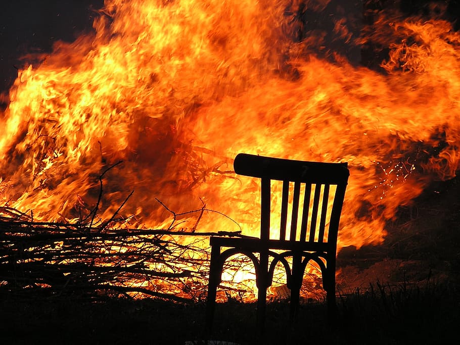 photo of chair near burning trees, fire, flame, wood fire, heat - temperature HD wallpaper