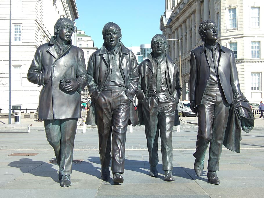 four men walking on street statues, Beatles, Liverpool, city, HD wallpaper