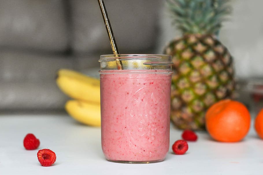 pink fruit shake in jar, pink liquid in clear drinking glass HD wallpaper