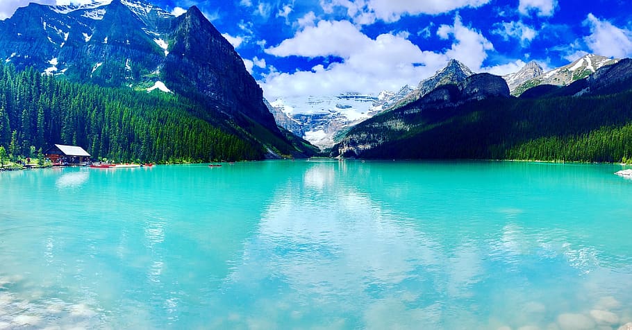 lake, canada, lake louise, nature, mountain, sky, clouds, blue, HD wallpaper