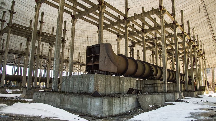 cooling tower, reactor, unfinished, snow, exclusion zone, winter
