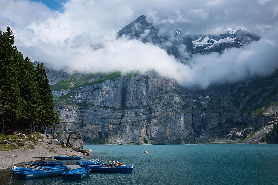 mountain, trees, nature, sky, clouds, snow, winter, cold, coast HD wallpaper