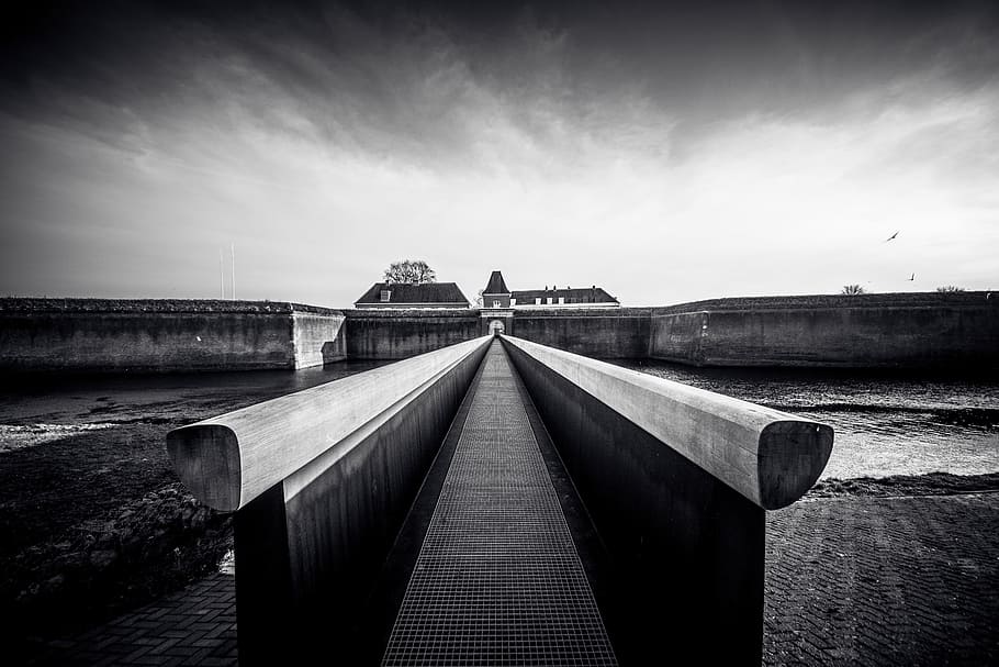 sky, clouds, black and white, pathway, bridge, river, wall HD wallpaper