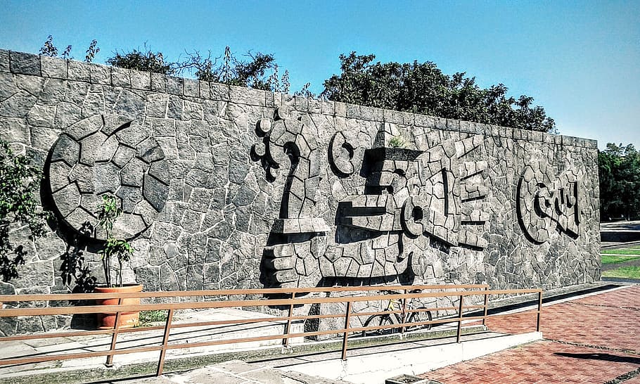 unam, central library, architecture, text, graffiti, communication HD wallpaper