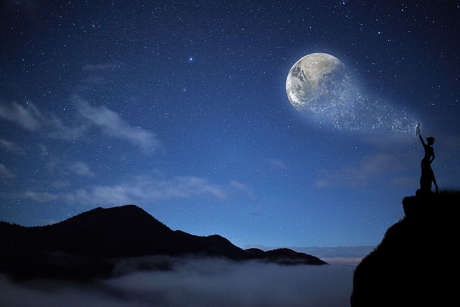 moon, siluhette, clouds, space, night, astronomy, star - space HD wallpaper