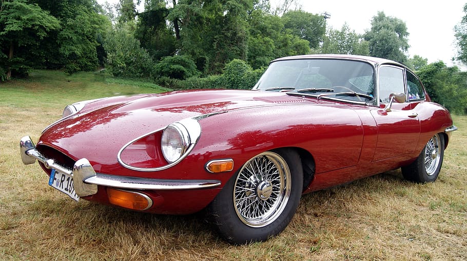 auto, jaguar, e type, original, england, old, meadow, sports car HD wallpaper