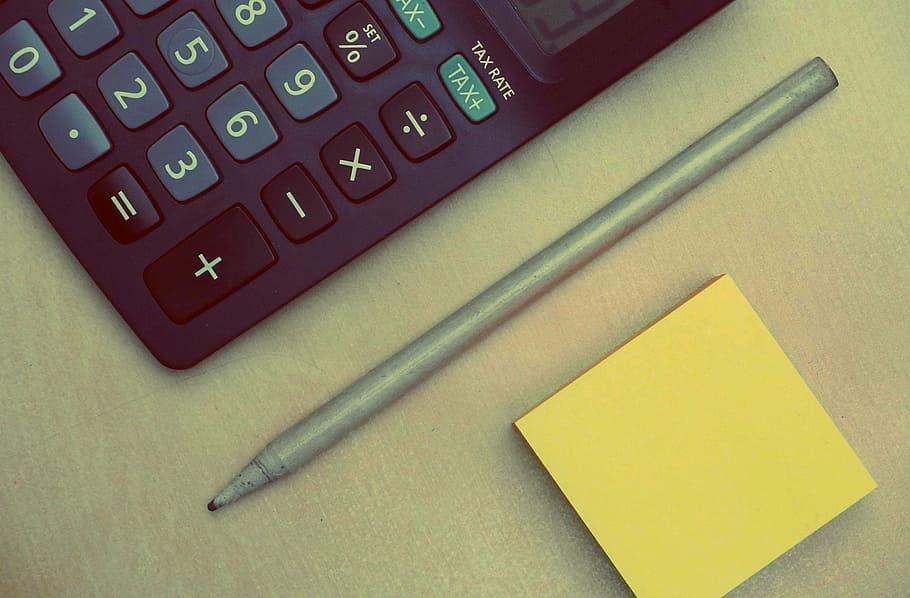 gray pen beside calculator and yellow sticky note, ballpoint, HD wallpaper