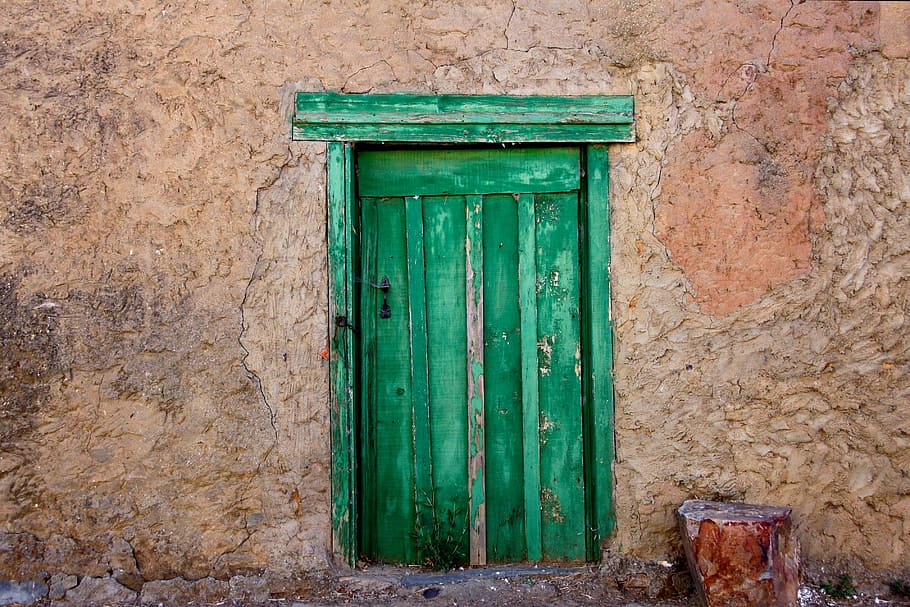 open green door, green opened door, wall, old door, texture, built structure HD wallpaper