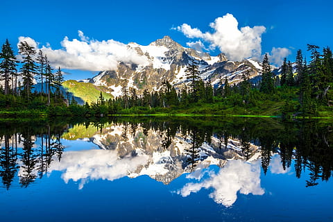 Picture Lake reflections landscape around Mount Baker, Washington HD wallpaper