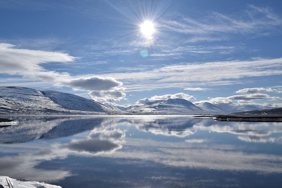 Arctic photo during daytime, iceland, snow, landscape, sun reflecting, HD wallpaper
