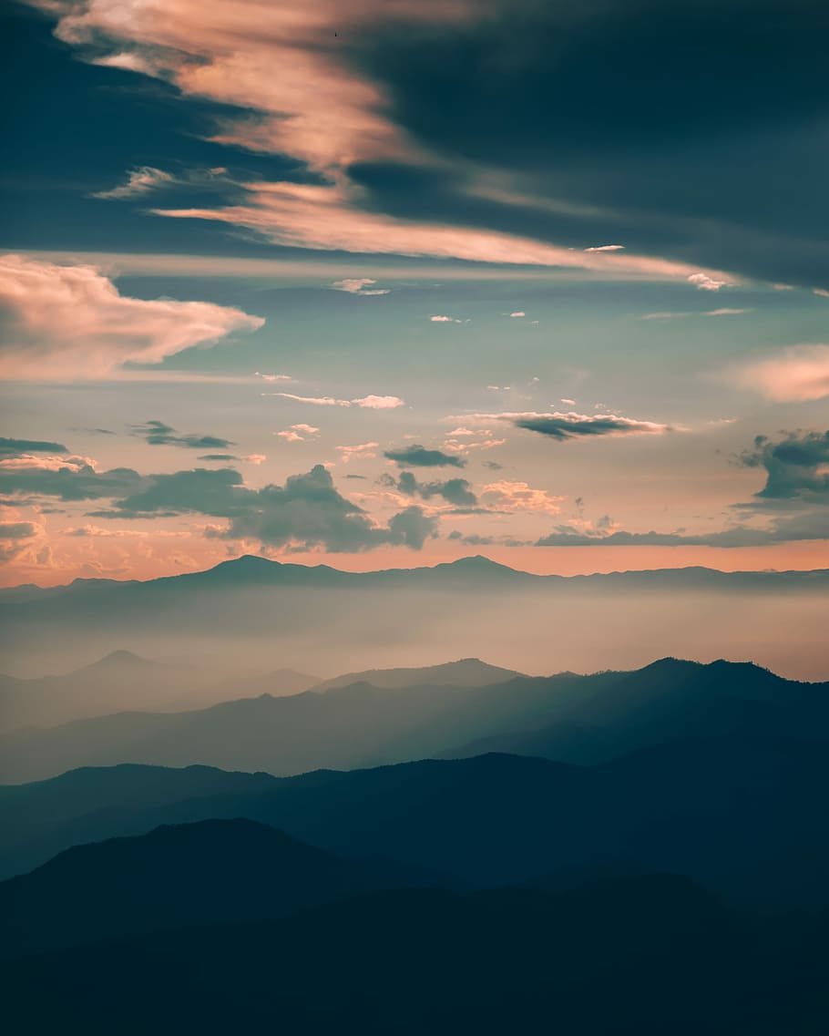 cloudy sky, aerial view of foggy mountains under cloudy sky, sunset HD wallpaper
