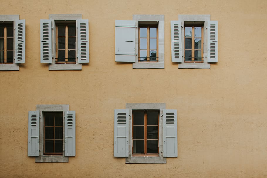 opened white windowpanes, yellow concrete building, shutters HD wallpaper