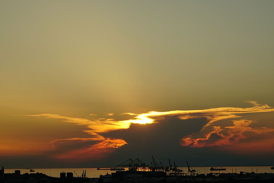 sunset, evening sky, port, cloud - sky, water, beauty in nature HD wallpaper