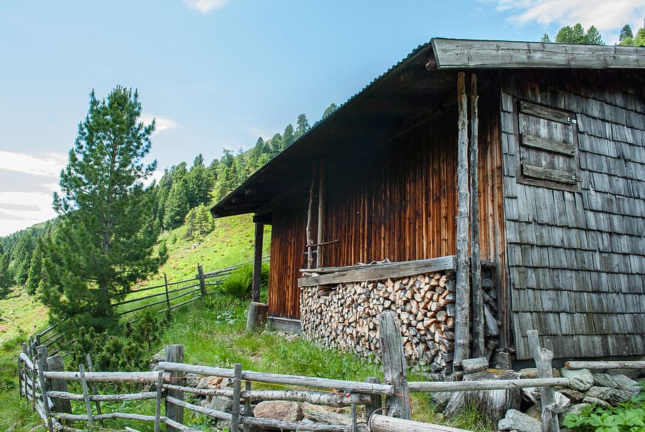 hut, summer, mountains, alm, alpine hut, holzstapel, hiking HD wallpaper