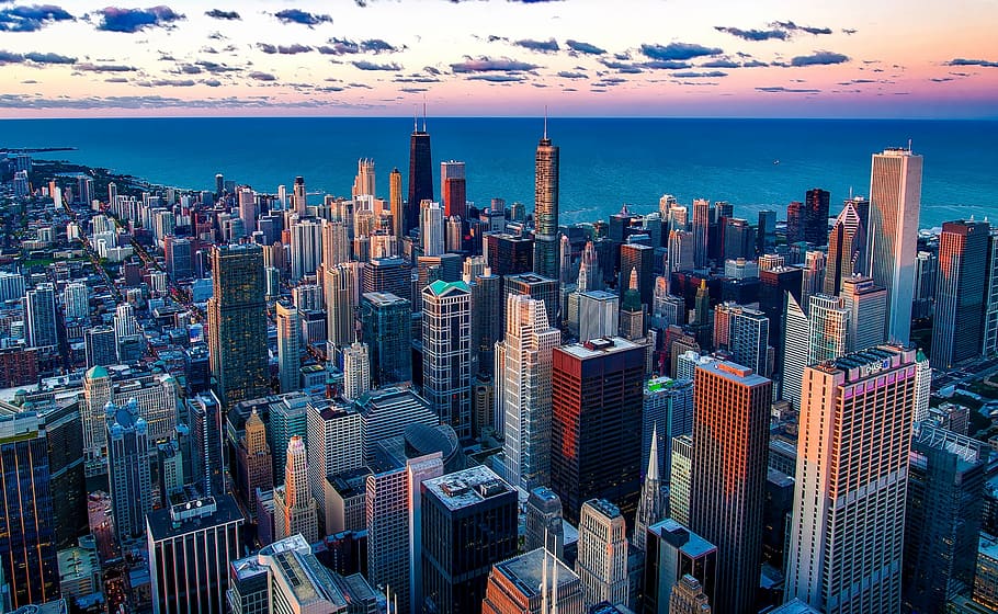 city buildings photography, chicago, illinois, lake michigan, HD wallpaper