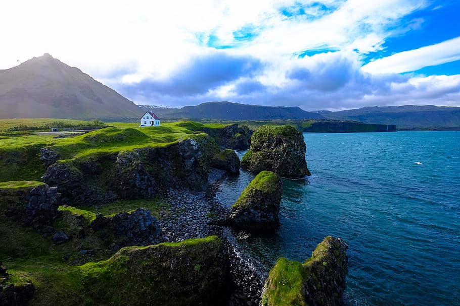 sea, landscape, mountains, nature, bay, beach, clouds, cloudy HD wallpaper