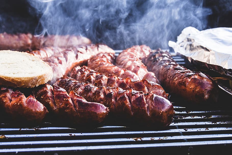 Meat and sausages cooking on BBQ, food/Drink, barbecue, barbeque, HD wallpaper