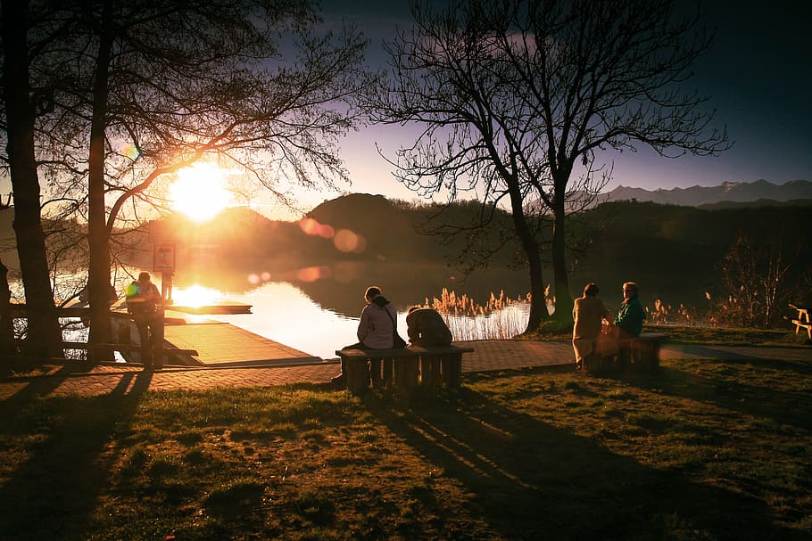 chilling, dawn, dusk, evening, lake, leisure, people, relaxing HD wallpaper