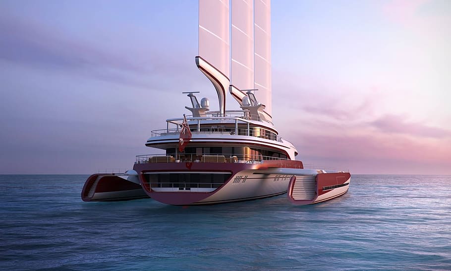 white and red cruise ship on body of water, trimaran, super trimaran