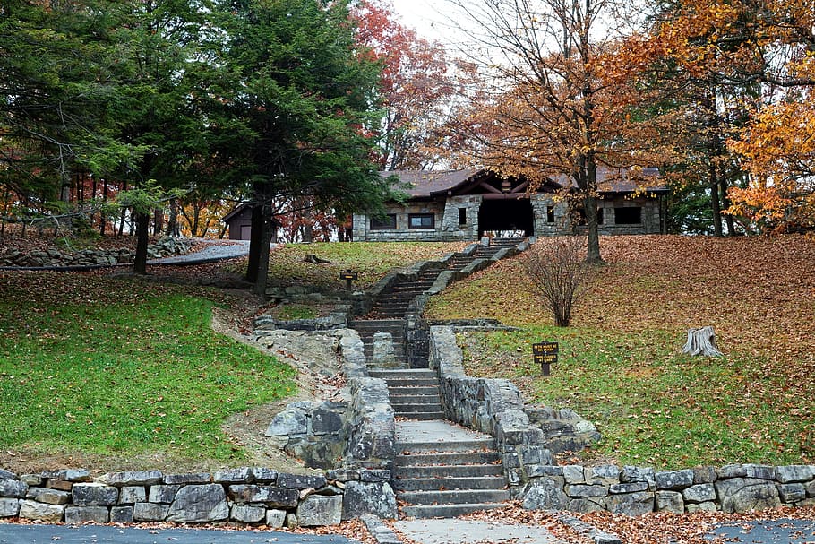 West Virginia, Fall, Trees, autumn, picnic shelter, steps, stone HD wallpaper