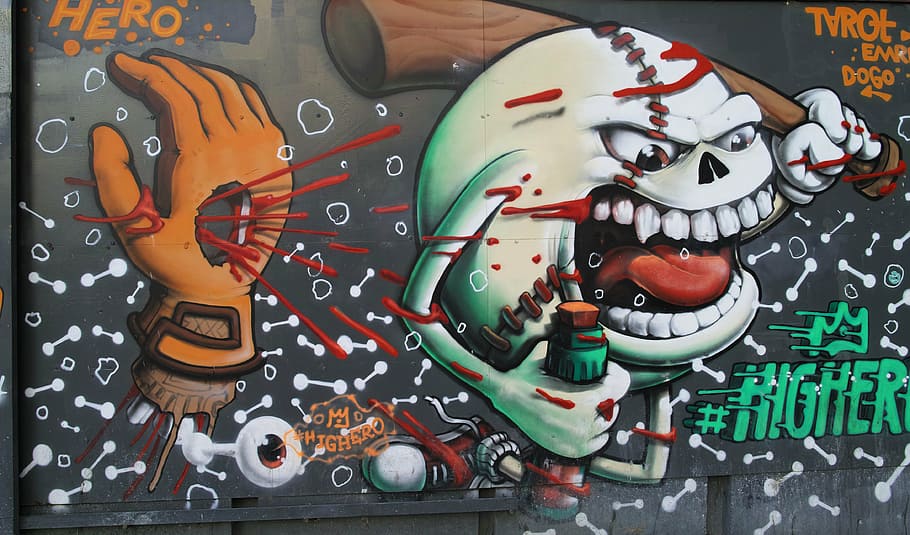close up photo of white ball monster graffiti, pictures, city ​​center