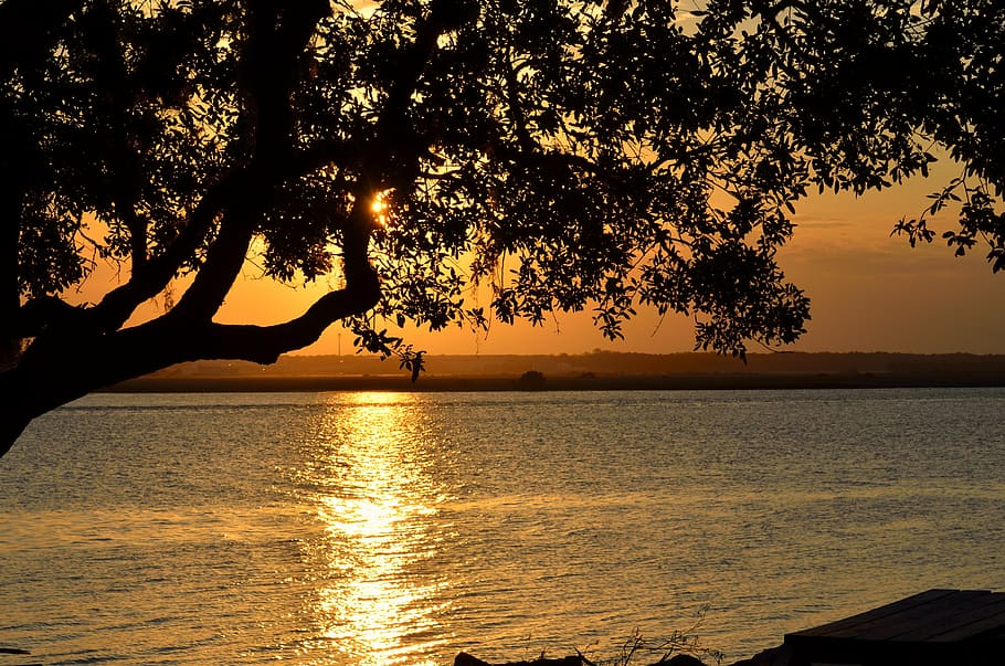 sunset, sky, sun down, night, beauty, orange, color, river HD wallpaper