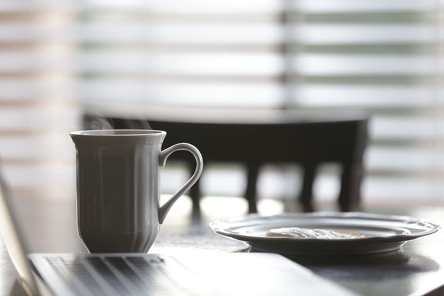 shallow focus photography of white ceramic mug beside white ceramic plate HD wallpaper