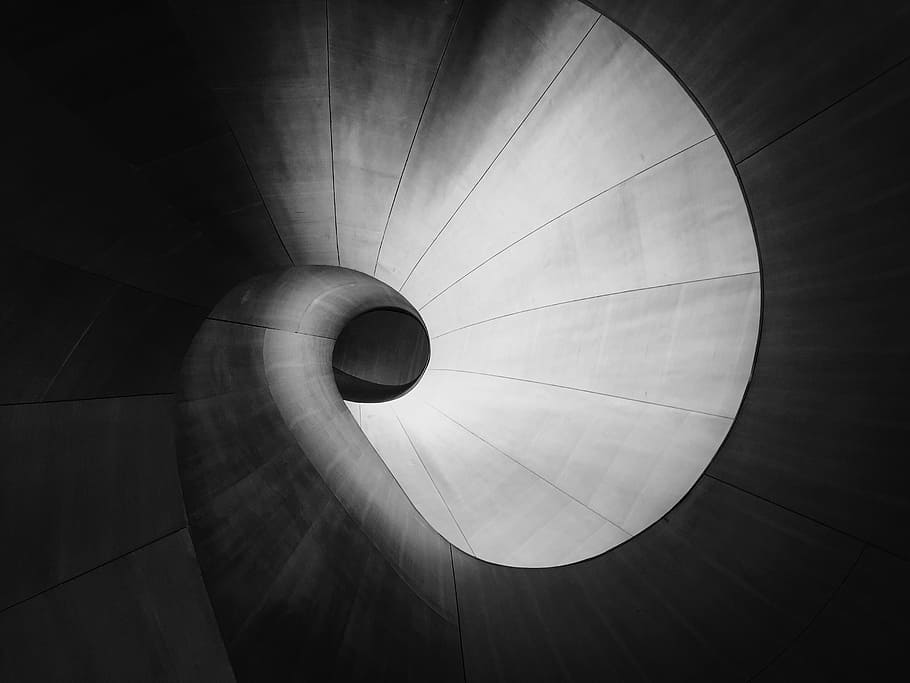 spiral gray steel tunnel, spiral artwork digital wallpaper, black and white, HD wallpaper