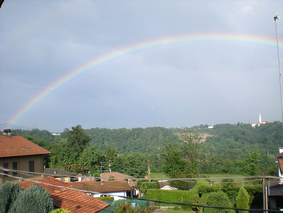 rainbow, sky, nature, colors, architecture, tree, beauty in nature HD wallpaper
