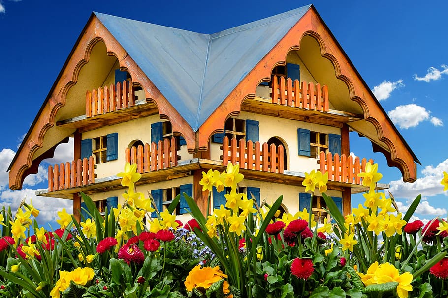 beige and orange house surrounded by flowers, nature, emotions