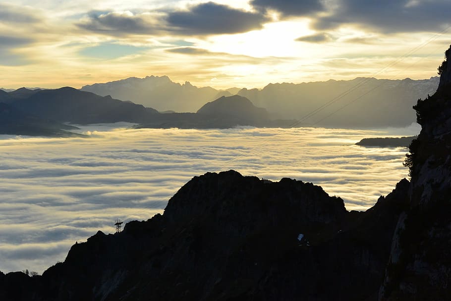 salzburg, austria, unterberg, fog, clouds, alpine, sunrise, HD wallpaper