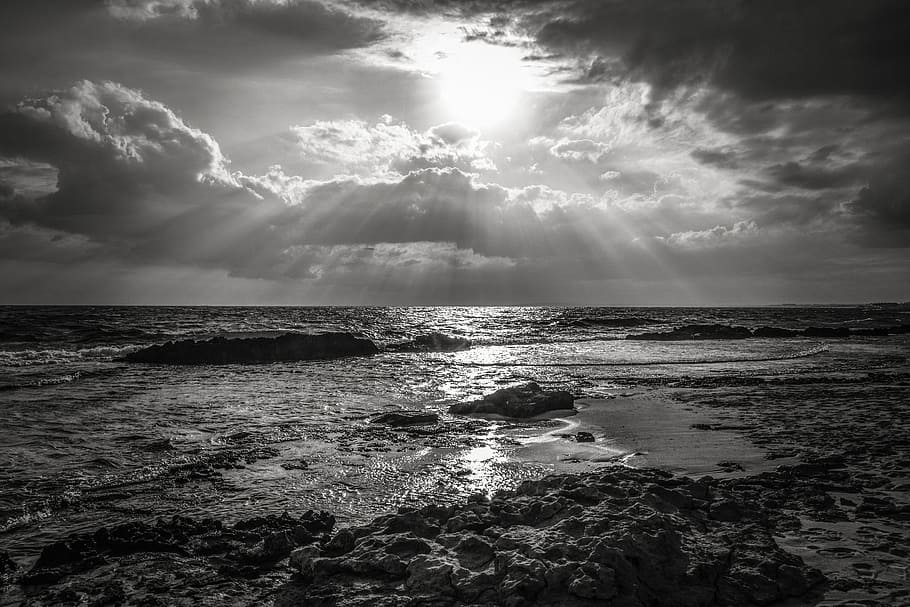 sunset, sunshine, sunbeam, light, sky, clouds, sea, afternoon HD wallpaper
