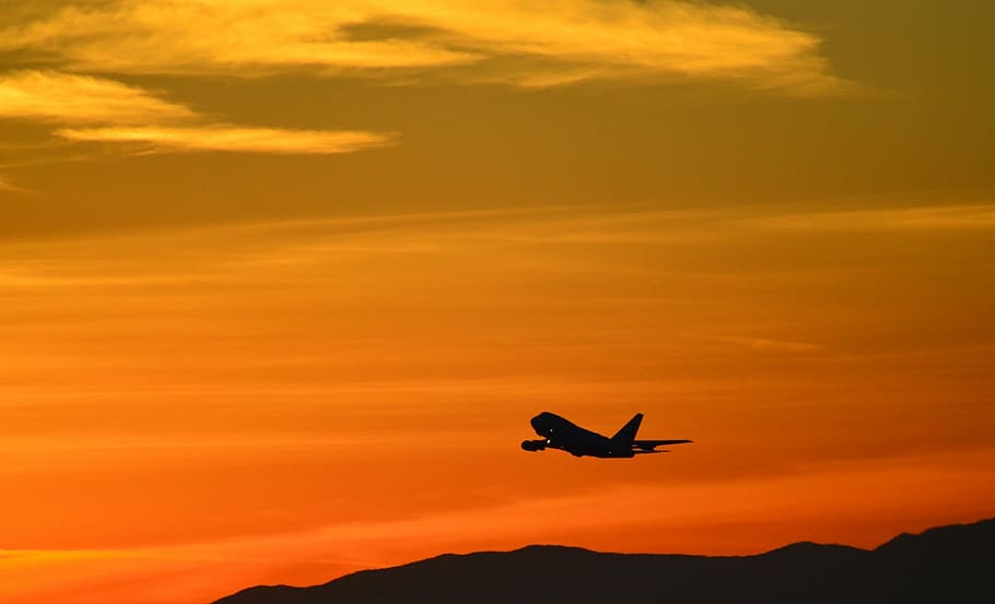 airplane taking off during sunset, silhouette, flying, jet, b747, HD wallpaper