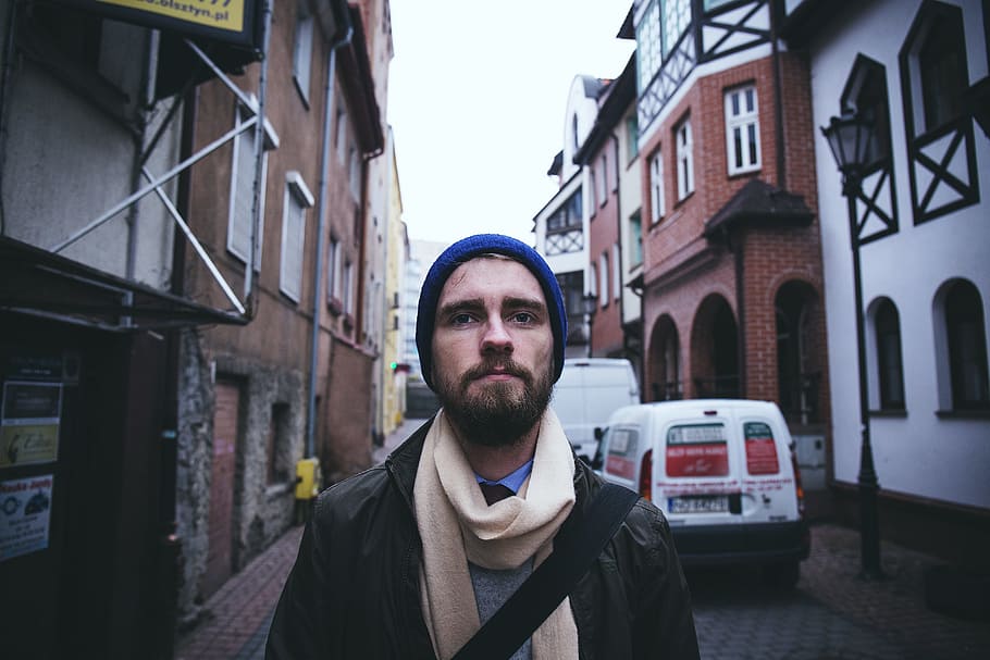 people, beanie, beard, cap, city, man, old town, olsztyn, scarf HD wallpaper