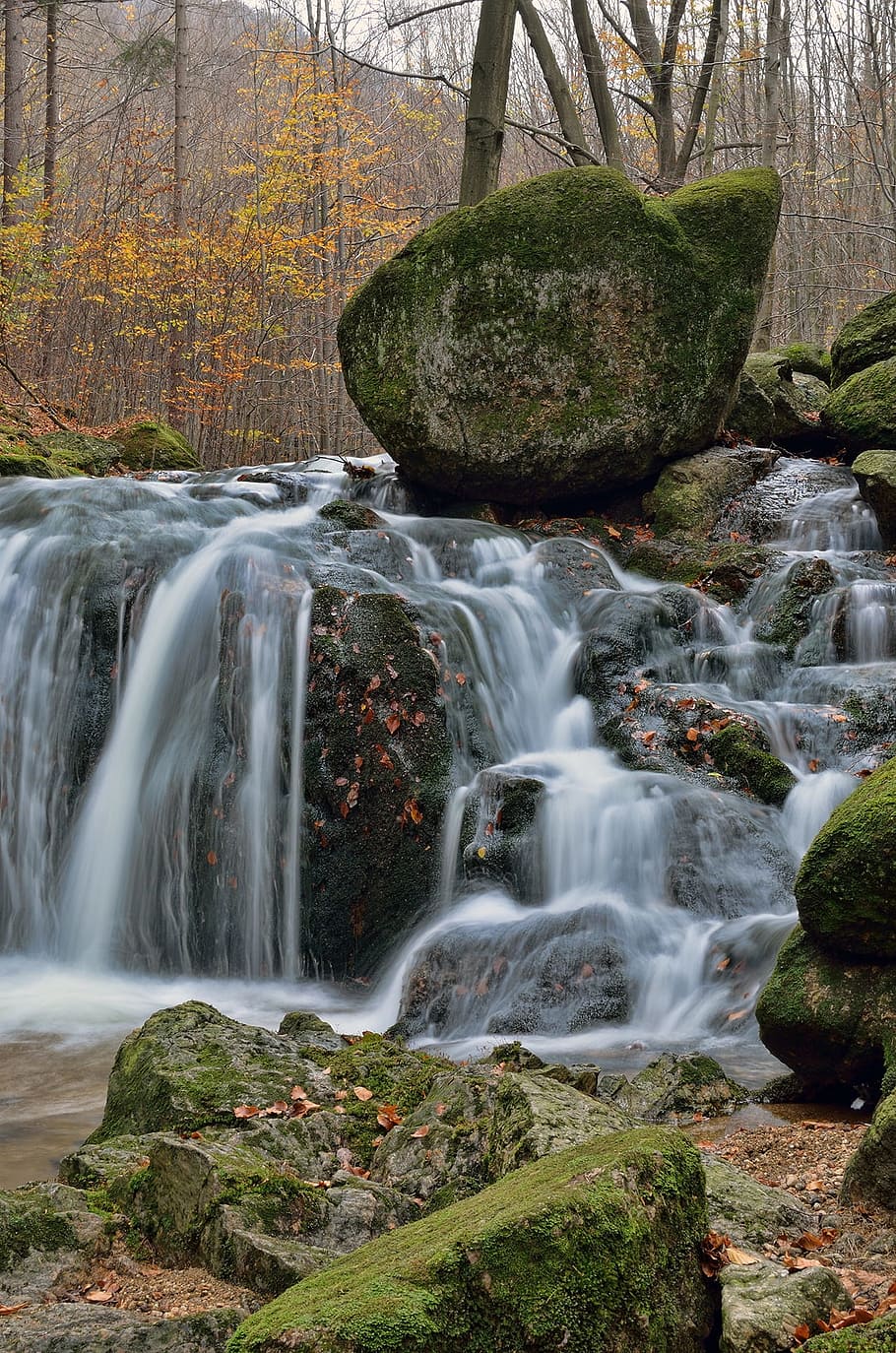 time lapse photography of waterfalls on moss covered rocks at daytime HD wallpaper