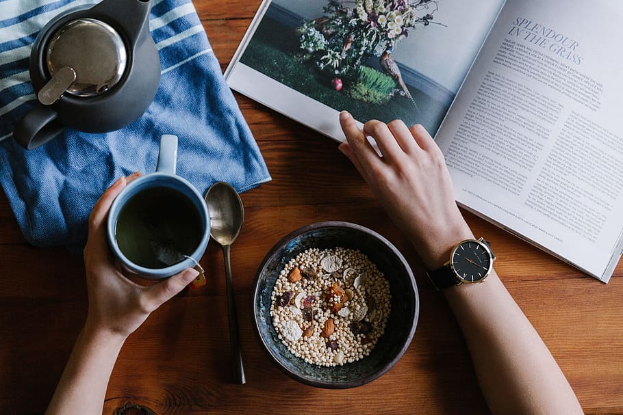 person holding gray ceramic mug, breakfast, oats, healthy, food, HD wallpaper