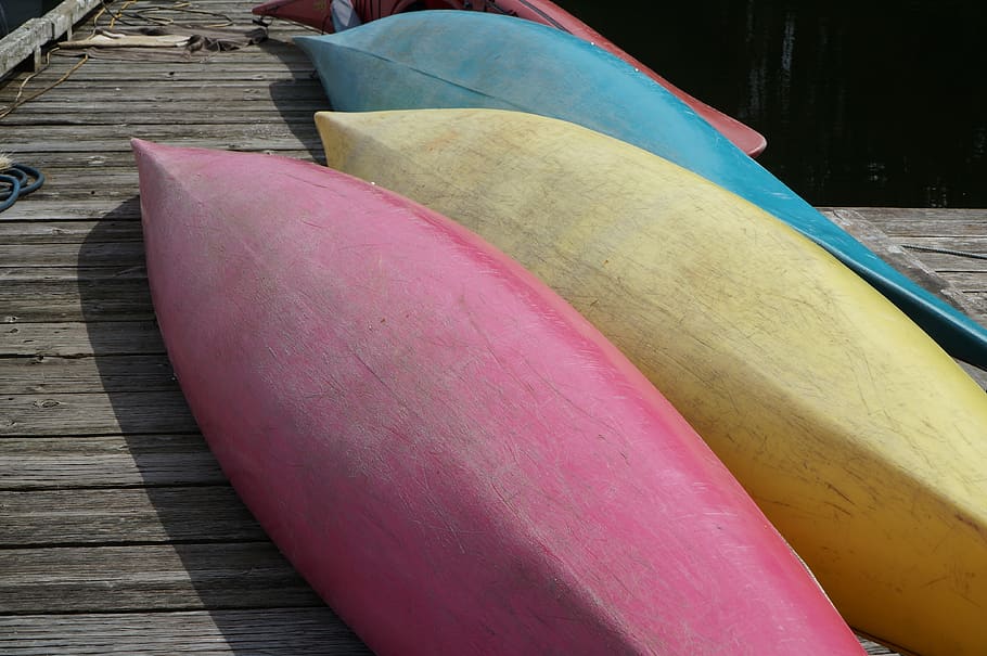 old, kayak, pier, rental, boat, blue, wood, grey, outdoor, scratch, HD wallpaper