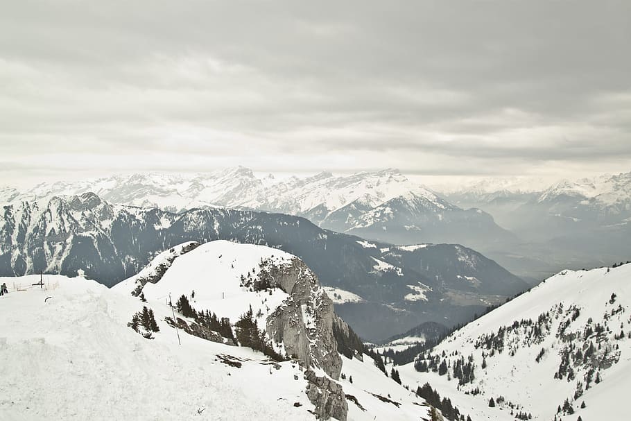 mountain cover with snow under grey sky, white snow mountains during daytime HD wallpaper