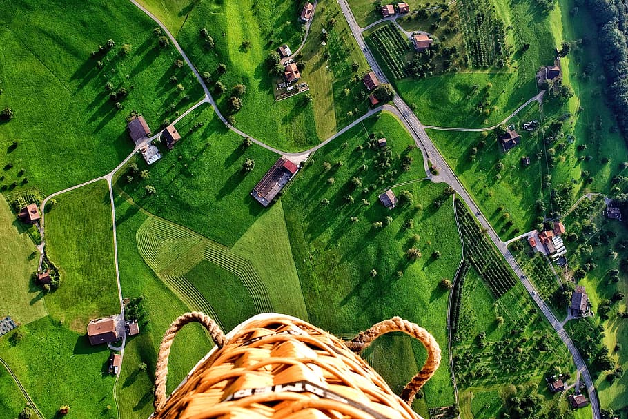 green, grass, aerial, view, trees, plant, nature, houses, village HD wallpaper
