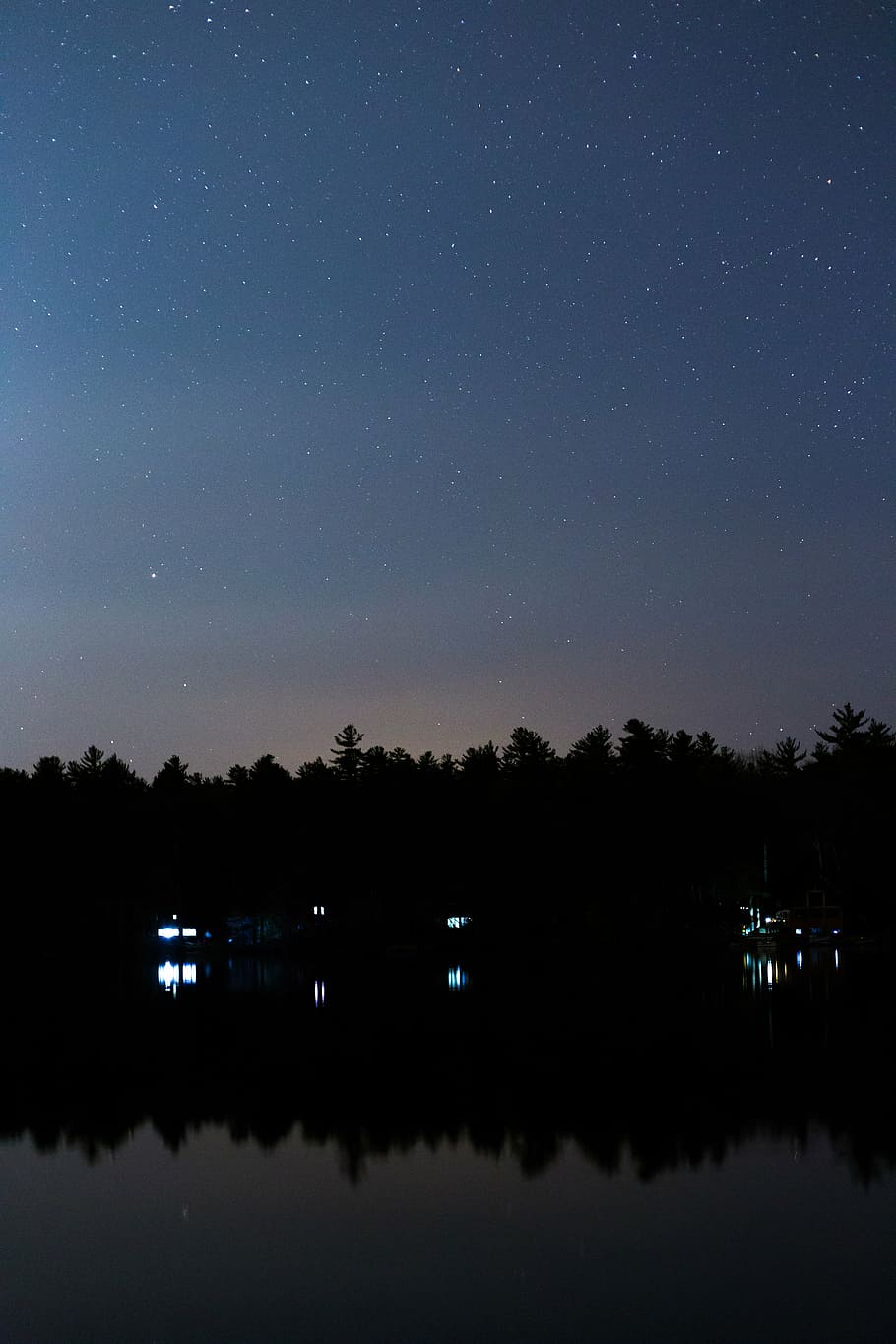 lake, lights, nature, night, reflection, river, silhouette HD wallpaper